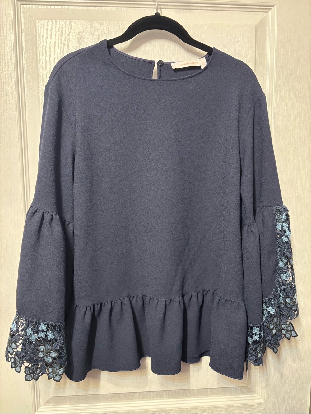 See By Chloe Slate Blue Peplum Blouse with Lace Bell Sleeves